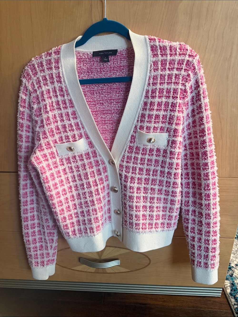 Ann Taylor Pink & Cream Grid-Pattern Button Cardigan